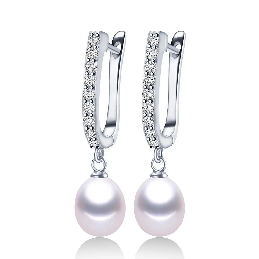 luxury fashion minimalist vintage colorful pearl dangle zircon sterling silver hoop earrings drop clip on hooks wedding earring