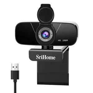 SriHome Webcam 1080P dengan Mikrofon Ganda, Kamera Web Laptop Komputer Fokus Otomatis dengan Penutup Privasi USB