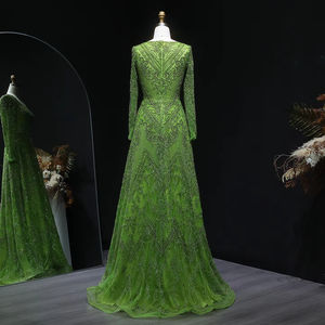 Jancember LSZ110ラグジュアリーグリーン長袖イブニングドレスVネックヘビービーズプロムガウン - Product Image 2