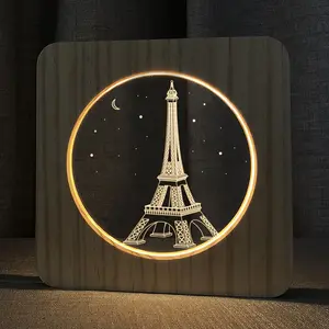 新颖儿童埃菲尔铁塔夜灯流行现代设计软白色3D木质亚克力发光二极管夜灯