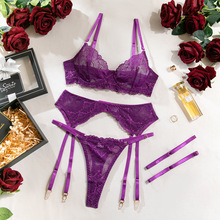 <b>Sexy</b> European and American Transparent Mesh Garter Underwear <b>Set</b> New Fashion Eyelash Lace 3 Piece Bra & Briefs <b>Set</b> - Product Image 5