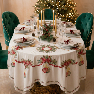 Christmas Floral Embroidered Oval Tablecloth with Pine Bow Design Holiday Dining 100% Cotton Handcrafted Decorative Cover - Product Image 1