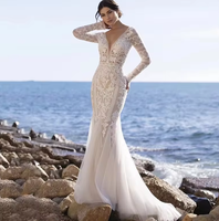 Robes de mariée scintillantes à motif sirène couleur champagne sur mesure NDB10761, bustier illusion sexy
