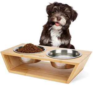 Mangkuk Kucing Besi Tahan Karat Mangkuk Makan Hewan Anjing Bambu Kayu Tempat Makan Berdiri Mangkuk Kucing dengan Mangkuk Keramik Ganda - Product Image 1