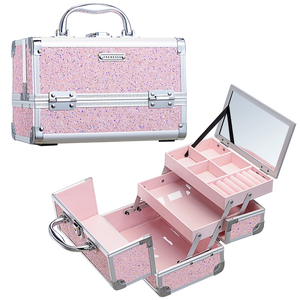 Portable <b>Makeup</b> Organizer <b>Case</b> with Mirror and Jewelry Tray Portable Cosmetic Train <b>Case</b> Storage Box for Women Girls - Product Image 1