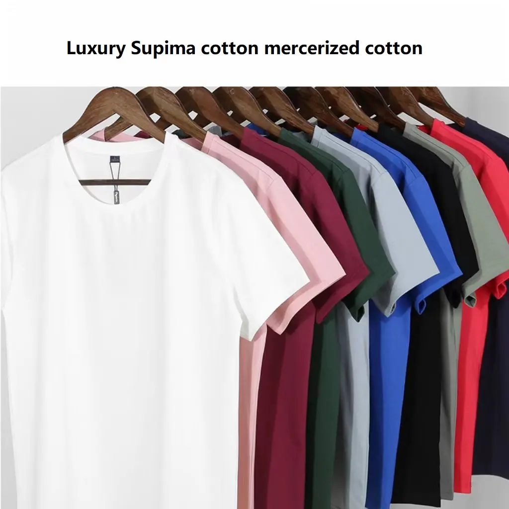 Camiseta de algodão masculina unisex de luxo 190gsm de qualidade mercerizada anti-rugas macio e brilhante personalizada