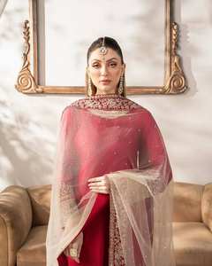 Salwar Kameez Indio Pakistaní de Manga Larga con Bordado Pesado de Seda Chinnon Natural Pura al por Mayor, Ideal para Fiestas - Product Image 3