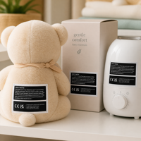 Étiquette de sécurité personnalisée en tissu, adhésion super forte, finition argent mat, avec certifications CE et UKCA, pour l'emballage de jouets et de produits pour bébés