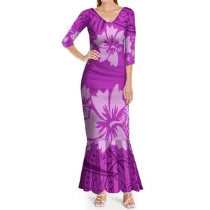 New Wholesale Customize Hibiscus Sublimation Print Fishtail Dress Women Elegant Purple Pacific Island Art Maxi Mermaid Dress