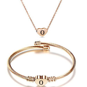 Stainless Steel Heart Necklace And <b>Bracelet</b> Set Rose Gold <b>Initial</b> M For Women Gift Jewelry Set - Product Image 2