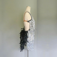 Robe de danse latine argentée à franges pour femmes, costume de performance de danse de salon pour enfants, tenue de scène pour bar et club avec accents de plumes noires