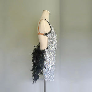 Women's <b>Silver</b> <b>Fringe</b> Latin Dance <b>Dress</b> Adult Ballroom Performance Costume Bar Club Stage Dance Wear with Black Feather Accents - Product Image 3