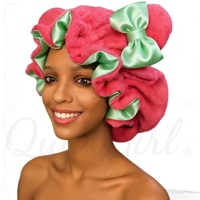 Bonnet de nuit en satin rose de luxe à oreilles de chat imprimées pour femme, avec sangle réglable, extérieur en peluche douce, doublure en satin vert clair, anti-frisottis