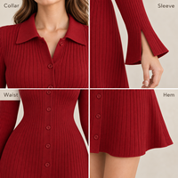 Robe Courte Décontractée Femme à Marque Blanche, en Maille Côtelée, Boutonnée sur le Devant, Col Chemise, Manches Longues Évasées, Coupe Ajustée