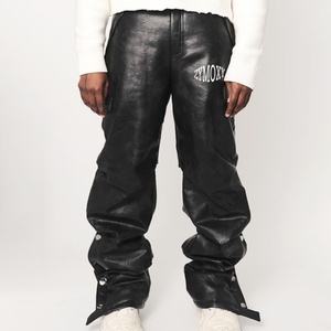 Streetwear High Waist Button Leather Pu <b>Flare</b> Sweat <b>Trousers</b> Heavy Weight Oversized Retro Faux Leather Stacked Pants <b>Men</b> - Product Image 1