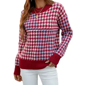 Women Winter Clothing Supplier Ladies Knit Pullover Round Neck Color Block Houndstooth Pattern Knitted Sweater