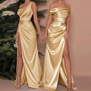 イブニングドレス ロング オフショルダー サテン エレガント 女性 ハイスプリット ラッフルバスト ウエスト プロムドレス パーティー セクシー フォーマル オケージョン - Product Image 2