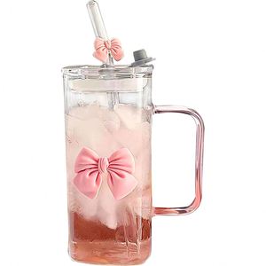 Mug en verre carré mignon avec poignée, design coloré, fond plat, paille colorée, pour femmes, résistant aux hautes températures, usage domestique - Product Image 1