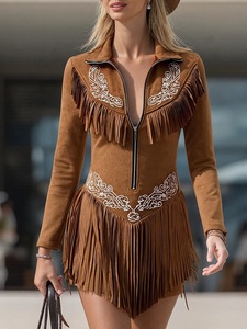 Robe décontractée style western à manches longues en daim à franges, <span class=keywords><strong>coupe</strong></span> droite vintage, longueur <span class=keywords><strong>mi</strong></span>-taille, pièce unique, pour la ville - Product Image 6
