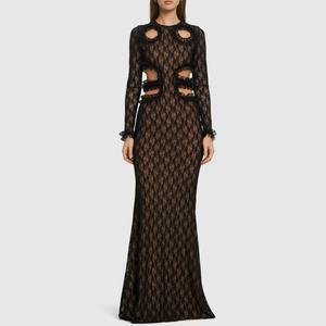 Vestido de Noche Largo Negro de Encaje Personalizado con Mangas Largas, Vestido de Fiesta de Buena Calidad, Sexy, con Malla Calada y Diseño Floral, Maxi Vestido para Mujer - Product Image 1