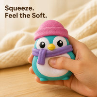 Jouet Squishy Pingouin à Remontée Lente, Teal Orange Violet, avec Bonnet et Écharpe Tricotés, Anti-Stress, Compagnon de Bureau