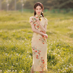 Femminile Qipao collo alla coreana corto Cheongsam Vestidso elegante abito cinese <span class=keywords><strong>fiore</strong></span> d'oro novità festa serale - Product Image 5