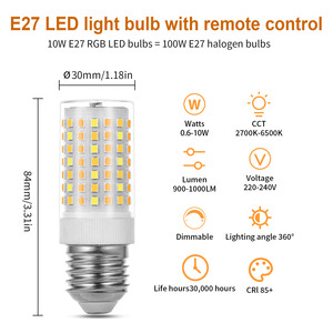 2025 mới nhất E27 Dimmable 7W dẫn bóng 2835smd Ngô Ánh sáng nóng bán gốm + PC AC230V 650lm điều khiển từ xa bốn màu thông minh - Product Image 6
