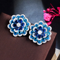 Prachtige 3d Design Blauwe Kubieke Zirkoon Bloem Stud Oorbel Voor Vrouwen Prachtige Cz Bruiloftsfeest Prom Luxe Sieraden Valentijn Cadeau