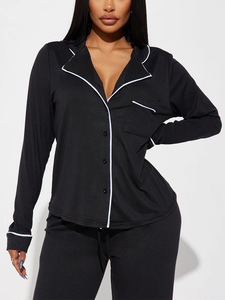 Ensemble de pyjama en viscose pour femmes, chemise à <span class=keywords><strong>manches</strong></span> <span class=keywords><strong>longues</strong></span>, pantalon droit, style décontracté, couleur unie, doux et confortable - Product Image 3