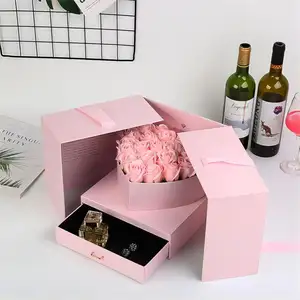 粉色婚礼派对偏爱巧克力纸盒糖果手工双门层旋转玫瑰礼品包装花盒