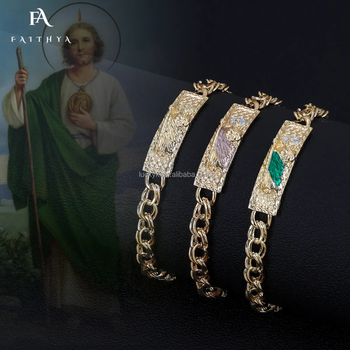 FB0282 3 Tone Brass Silver Pulseras Mujer Bangle Religious Jewelry Oro Laminado 18K Gold Plated San Judas Bracelet Woman
