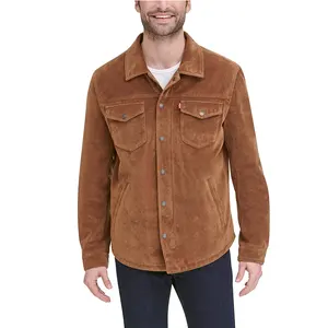 Men's Faux Leather Shirt Jacket Button Down Collar Blouse