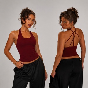 Women's Red <b>Beaded</b> Backless Halter <b>Top</b> U-Neck Fitted Sexy Club Night Out High Quality Sleeveless Blouse - Product Image 1