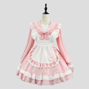 Japanese Sweet Maid Costume Pink Long Sleeve Dress With Apron Set Cosplay Outfit Spring 2024 Fresh Style - Product Image 1