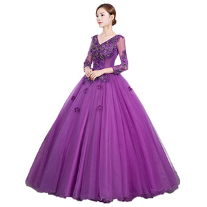 Purple Tulle Evening Gown With 3D Floral Embroidery Long Sleeve Ball Gown For Women Stage Performance Dress - Product Image 5