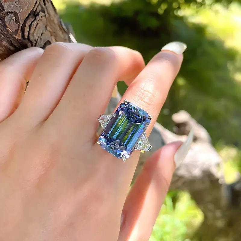 "Smaragd Gesneden Cz Nieuw Ontwerp Massief 925 Puur Zilveren Ringen Zilveren Ring Met Blauwe Stenen Sterling Zilveren Kubieke Zirkonia Ring"