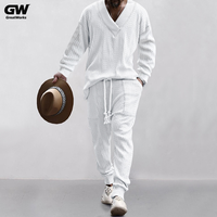 Ensemble deux pièces décontracté en coton tricoté pour homme grande taille, chemise à manches longues col en V respirante unie confortable pour l'automne