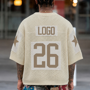 Fabricant de tricots, logo personnalisé, <span class=keywords><strong>t</strong></span>-<span class=keywords><strong>shirt</strong></span> en tricot à col en V, manches courtes, ajouré, crocheté, maillots de football et de basketball - Product Image 3