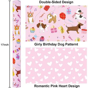Papier d'emballage d'anniversaire pour chiens, rose, réversible, en feuille métallique, 17 pouces x 16,5 pieds, avec motifs de chiots mignons et ballons, pour emballage cadeau de fête - Product Image 3