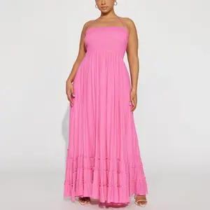 Hot Sale Long Maxi Summer Dress Smocked Body Ruffle Hem Flared Skirt Solid Pink Color Halter Strap Clothing Women Vacation Dress