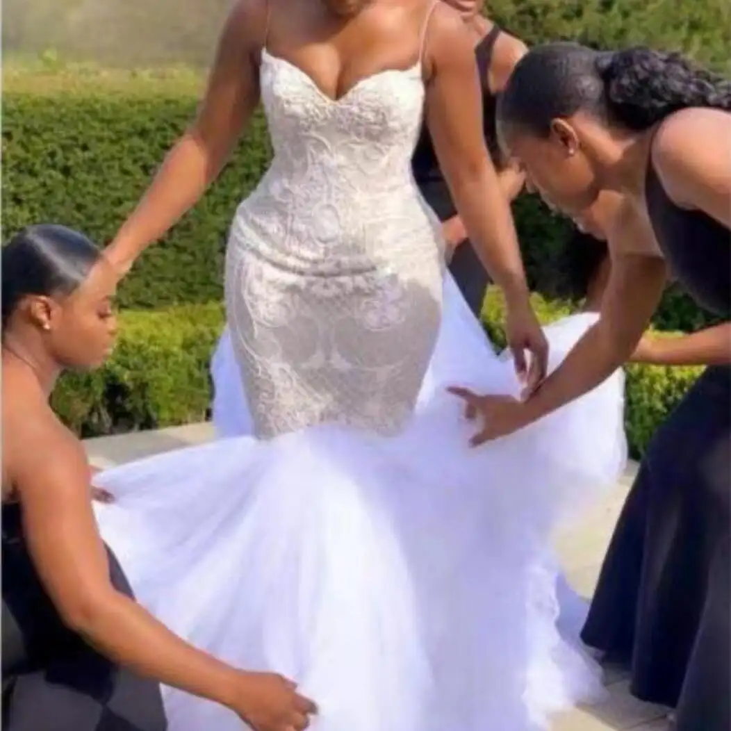 2023 Африка, Новое кружевное свадебное платье-русалка, милое платье на тонких бретельках, Тюлевое платье с аппликацией, лето, Пляжное свадебное платье