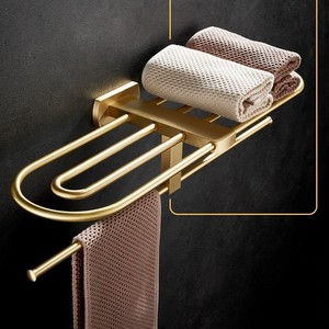 Porte-serviettes en cuivre doré brossé, étagère de salle de bain moderne et minimaliste avec double barre pour le rangement des serviettes - Product Image 1