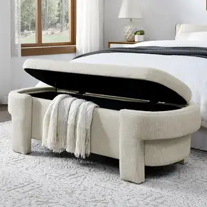 Oval Storage Bench Upholstered Ottoman With Hinges For Living Room