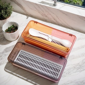 Rectangular Chopstick Holder With Flip Top Dustproof Transparent Drainer For Tableware Storage 27x12x7cm - Product Image 1