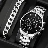 Montre à quartz tendance pour homme avec grand cadran rond et calendrier + bracelet (2 pièces/ensemble)