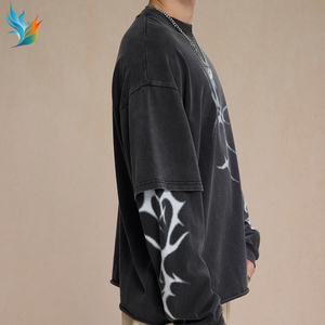 Sudadera de hombre personalizada Boxy Baggy Distressed Stone Acid Wash de doble capa de manga larga <span class=keywords><strong>Raw</strong></span> Hem - Product Image 3
