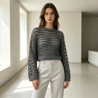 Pull en maille gris à manches longues pour femme, de haute qualité, personnalisé OEM & ODM, style décontracté, maille pointelle épaisse, vente en gros