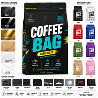 Sachet de café énergétique personnalisé noir néon à fond plat, emballage pour grains de café torréfiés foncés, fournisseur, impression en héliogravure, qualité alimentaire