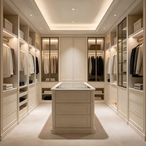 Ensemble de meubles de chambre à coucher royal sur mesure avec portes à persiennes, moulures dorées et îlot central en marbre - Product Image 2