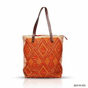 กระเป๋าผ้าสไตล์โบฮีเมียนความจุขนาดใหญ่สำหรับฤดูร้อนกระเป๋าโท้ทปักลายสีส้มพร้อมบริการโลโก้ตามสั่งจากอินเดีย - Product Image 1